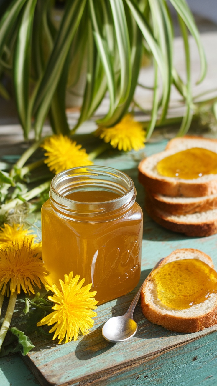 Delightful Dandelion Jelly Recipe A jar of dandelion jelly with fresh dandelions and toast on a rustic table.